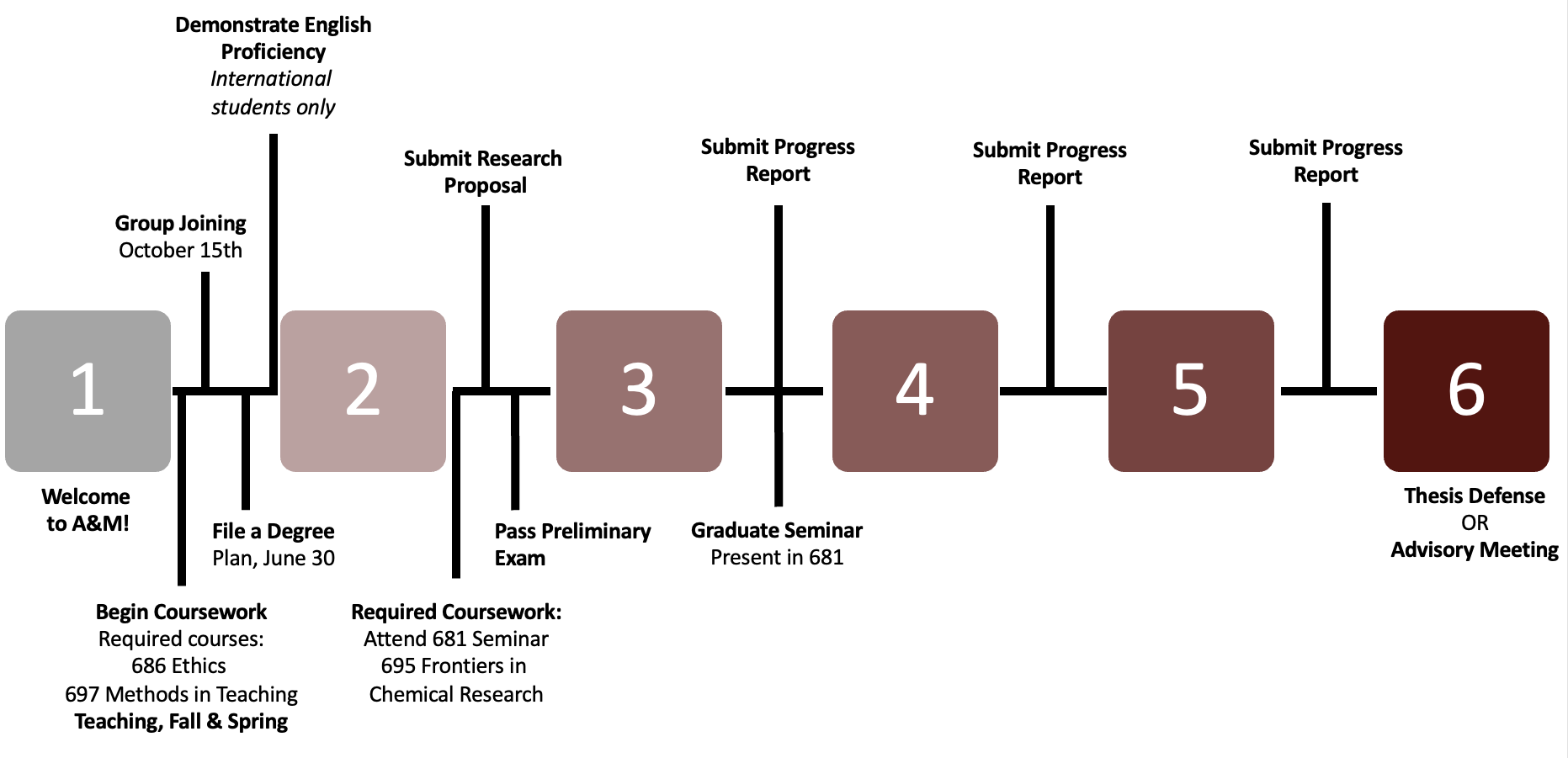 Timeline which outlines six steps required for the Doctorate degree.  Written information may be found in the link following the image. 