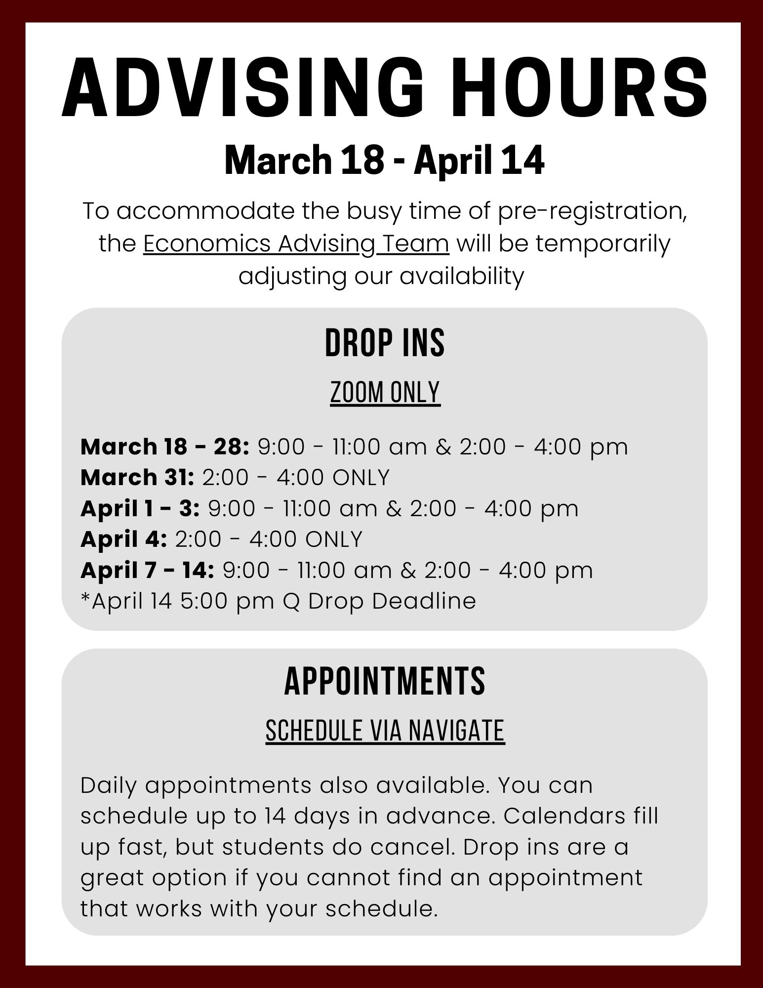 Spring 2025 Pre-Registration advising hours