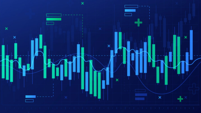 Bar graph, rules of operation signs, sloping lines and other mathematical and statistical imagery in bright blue and light green on a dark blue background