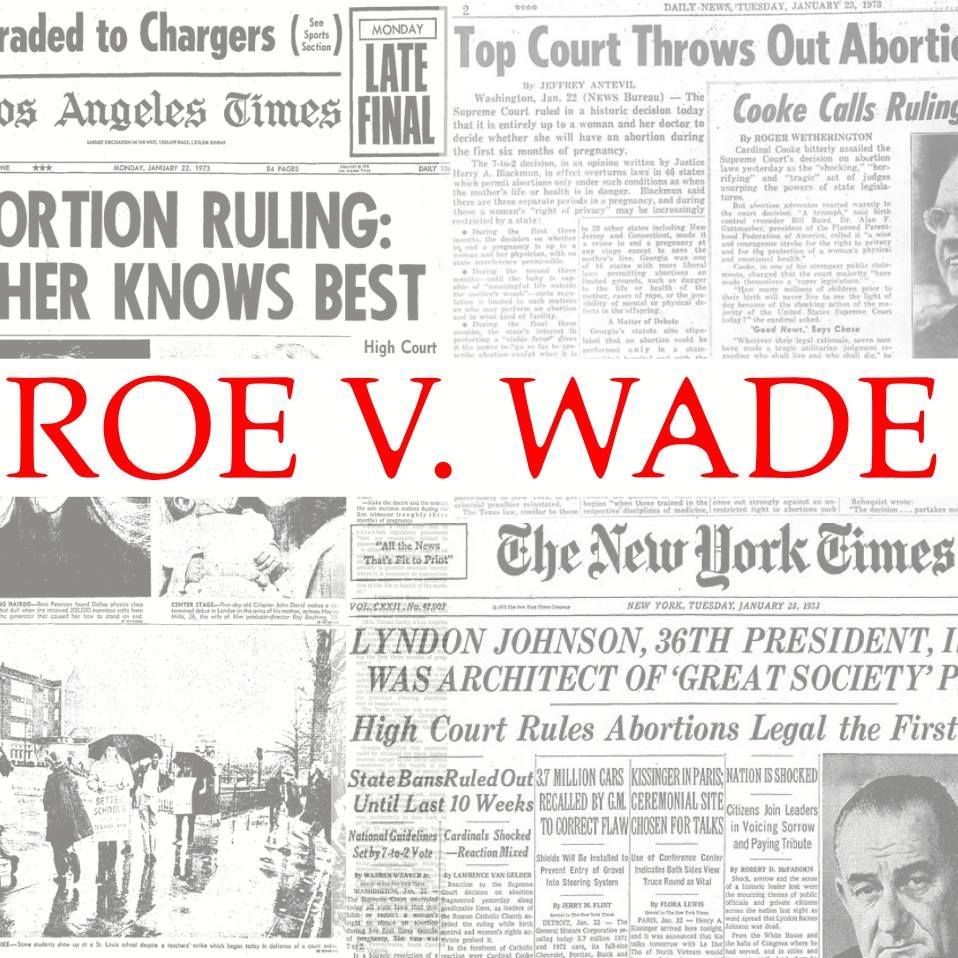 newspaper headlines depicting historical stories regarding the Roe versus Wade lawsuit