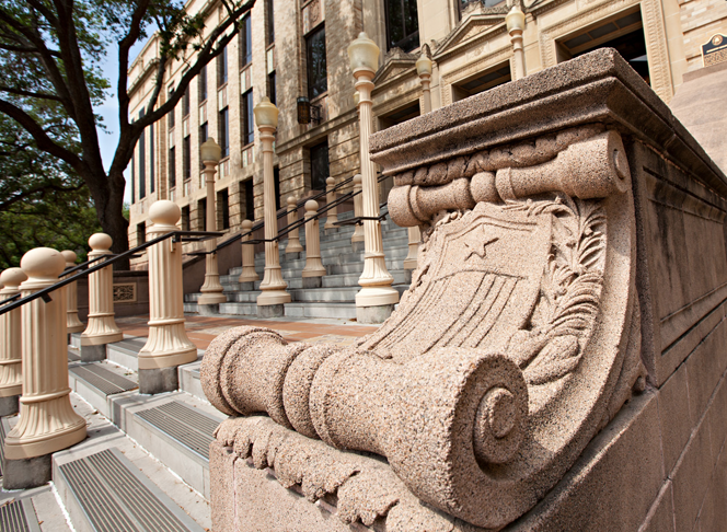 Close up of the column on the right side of the monumental staircase outside the Texas A&M University Chemistry Building