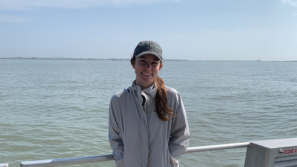 Catie Kaylor ’23, oceanography undergraduate student, on a Texas A&M oceanography teaching cruise in Galveston Bay in Fall 2021.