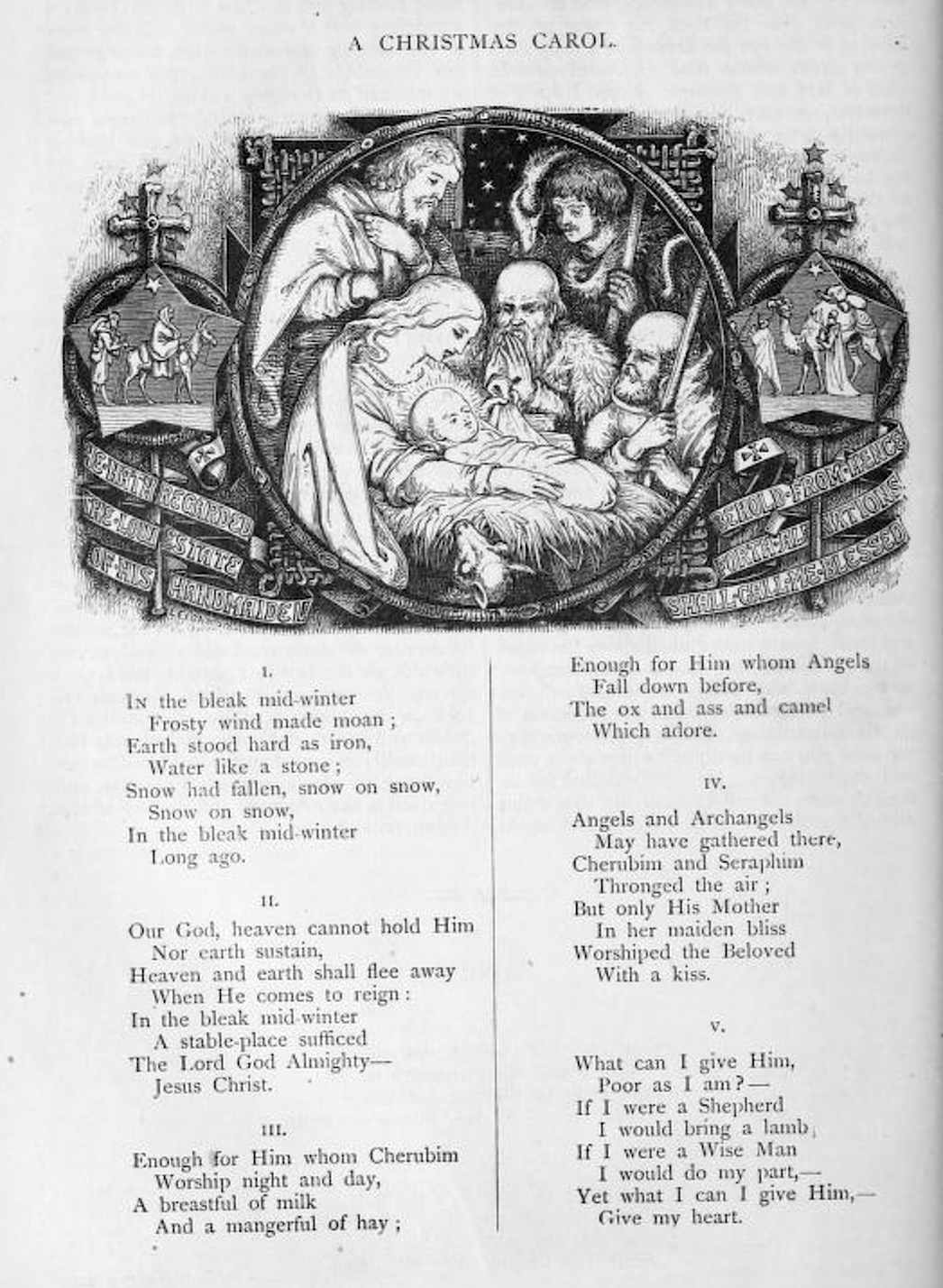 Graphic illustrating the poem "A Christmas Carol" with line art of the birth of Jesus and the text of the poem