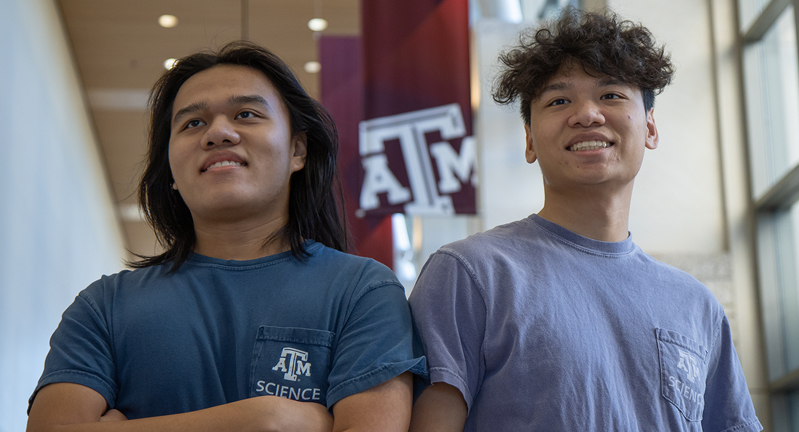 Texas A&M biology majors and brothers Henry and Kyle Nguyen in the Memorial Student Center on the Texas A&M University campus