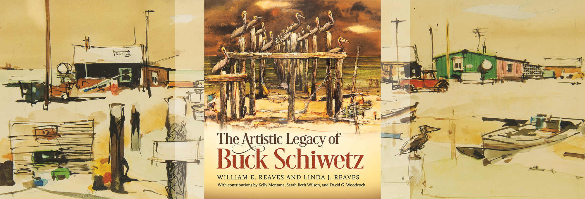 Composite image featuring the cover of Bill and Linda Reaves' book on E.M. "Buck" Schiwetz and one of Schiwetz' paintings.