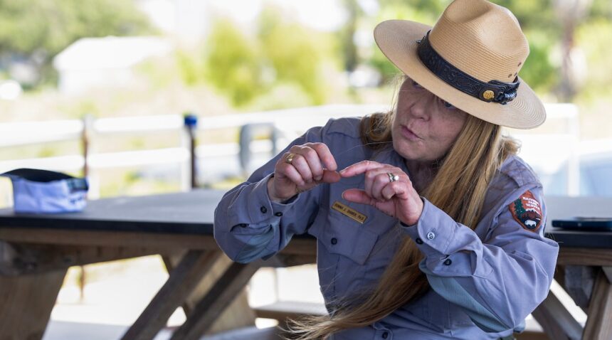 Dr. Donna Shaver '99 of the National Park Service speaks with researchers at the Gulf Center for Sea Turtle Research prior to Tally the sea turtle's release into the Gulf of Mexico