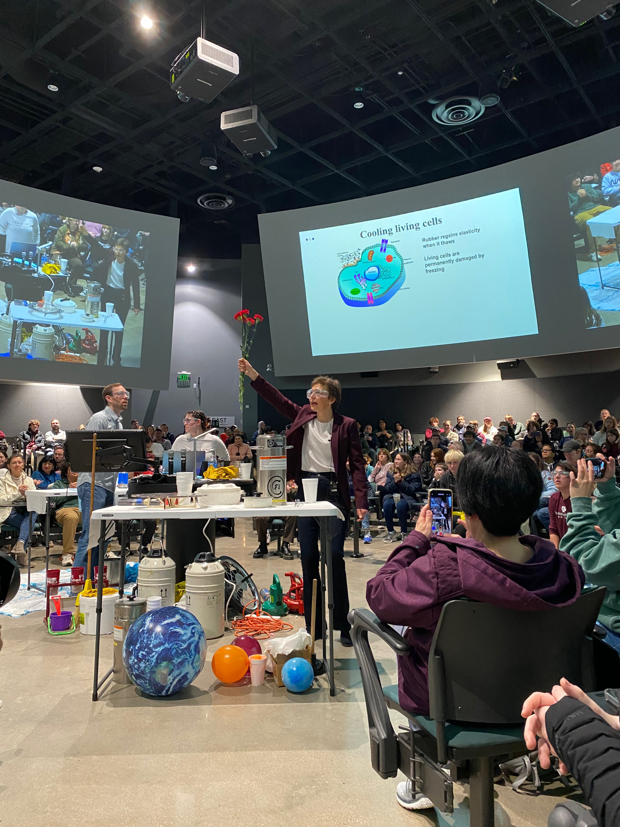 Texas A&amp;M physicist Tatiana Erukhimova presents on physics teaching to a crowd at Aggieland Saturday in spring 2023