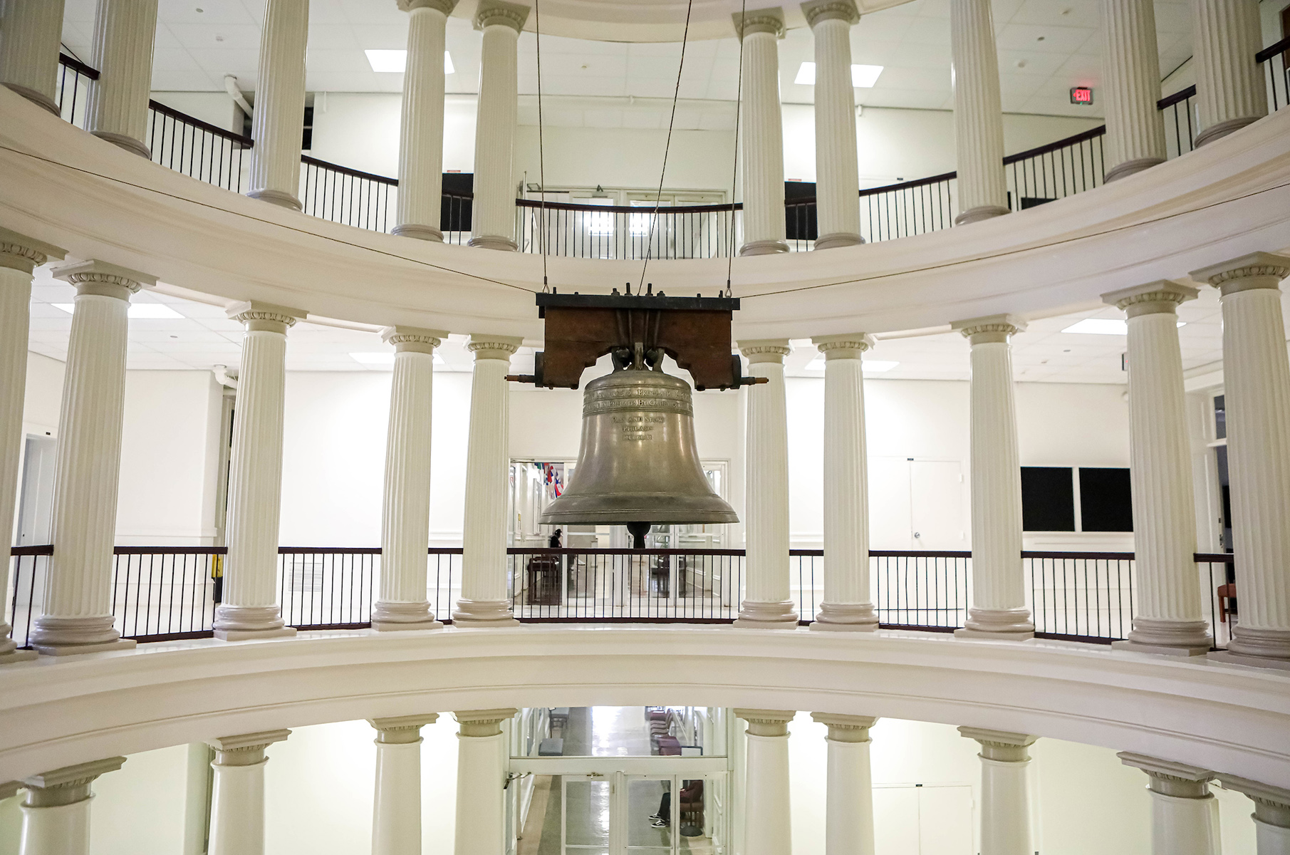The Texas Liberty Bell suspended in the Academic Building
