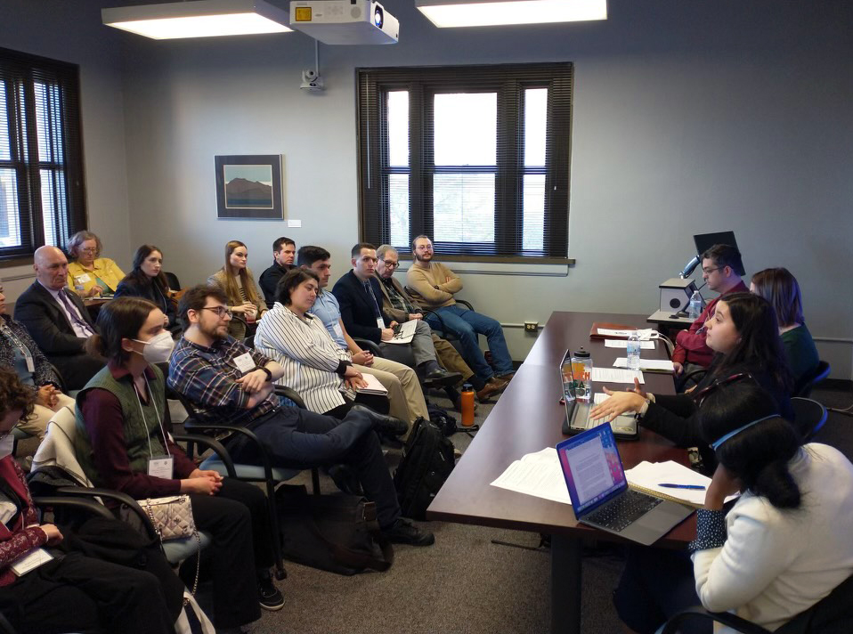 A panel presents to 2023 History Graduate Student Organization 13th Annual Conference attendees within the Glasscock Building at Texas A&amp;M University