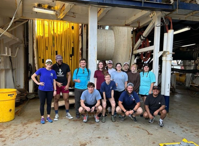 Group photo of Texas A&amp;M University oceanography students onboard the RV Trident in May 2023