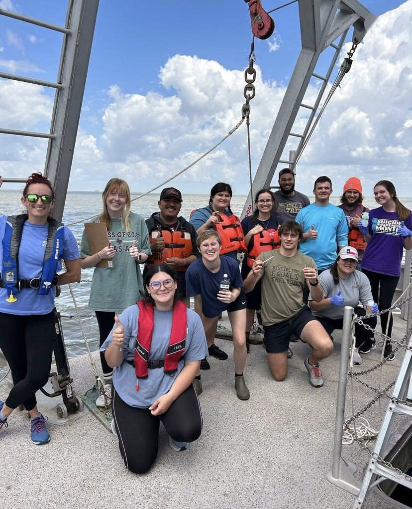 Group photo of Texas A&amp;M University oceanography students on the deck of the RV Trident in spring 2023