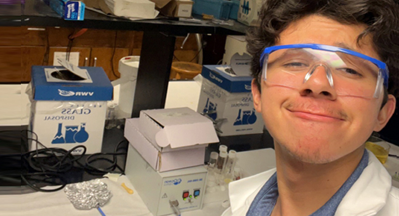 Texas A&amp;M University chemical engineering major Juan Guio, working in a research laboratory within the Chemistry Building