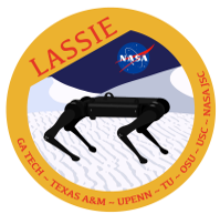 The LASSIE Project logo featuring a four-legged, dog-like robot on a planetary landscape and the NASA logo along with the names of the six universities that are collaborating with NASA in the research