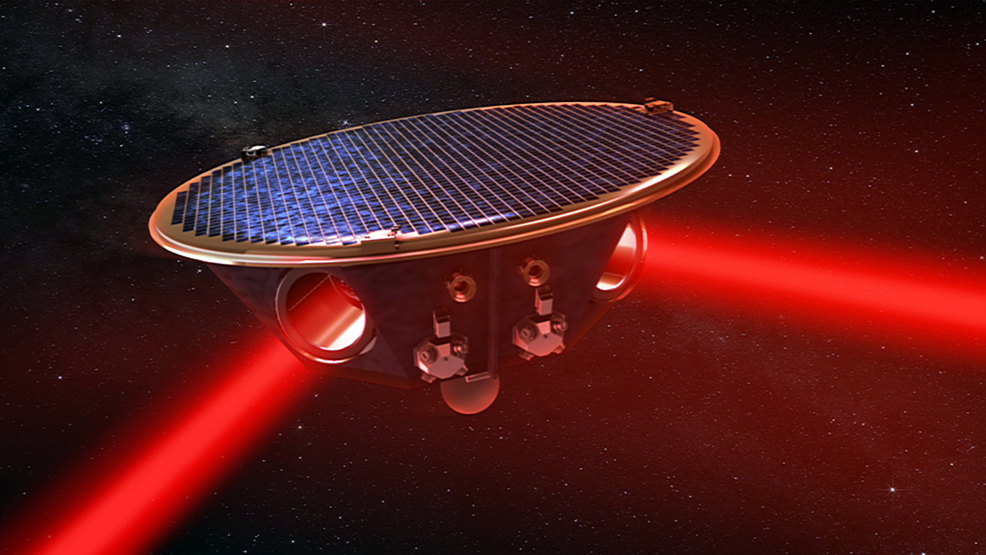 Artist’s concept of the Laser Interferometer Space Antenna (LISA) featuring lasers fired between three spacecraft flying in a triangular formation to detect gravitational waves in space