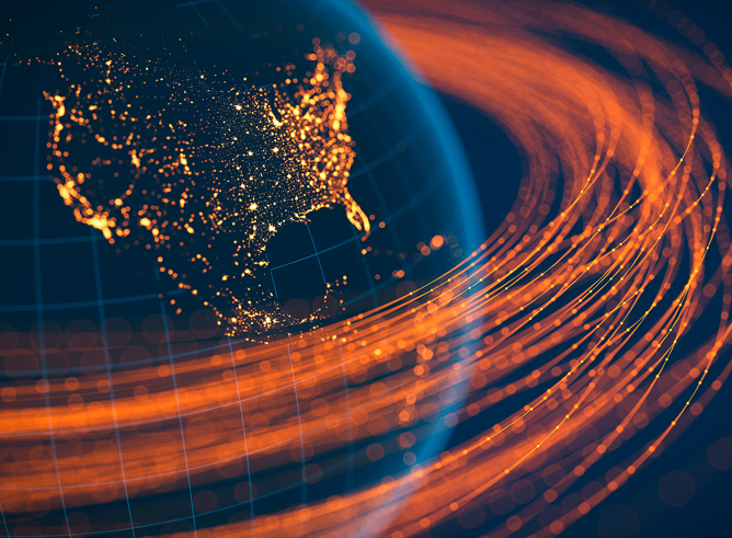 Satellite image depicting a map of North America simulating the flow of data across a connected world