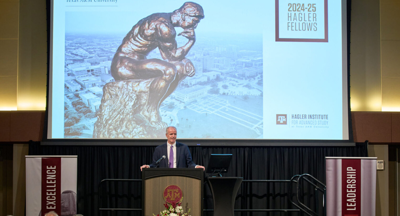 Texas A&M University Provost Alan Sams addresses the crowd at a September 23, 2024, reception for the 2024-25 Hagler Fellows on the Texas A&M campus