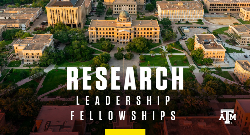 Graphic promoting Texas A&M University Research Leadership Fellowships featuring an aerial image of the Texas A&M campus and the text "Research Leadership Fellowships" and Texas A&M logo in white