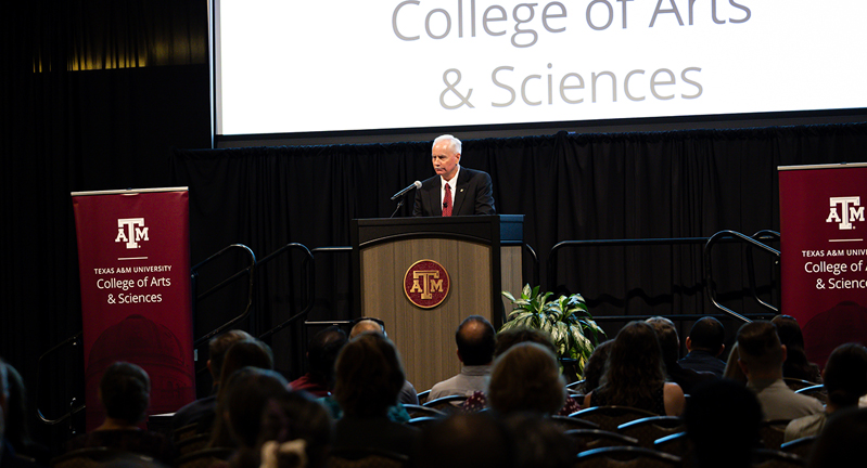 Dr. Mark J. Zoran, dean of the College of Arts and Sciences at Texas A&M University, delivers a State of the College address on September 24, 2024, in the Memorial Student Center's Bethancourt Ballroom