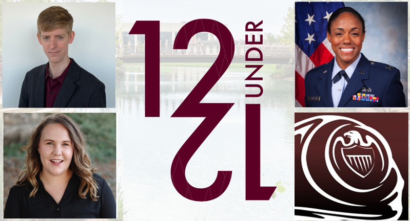 Composite graphic featuring the 12 Under 12 logo and photographs of the three 2024 recipients from the Texas A&amp;M University College of Arts and Sciences along with The Association of Former Students logo