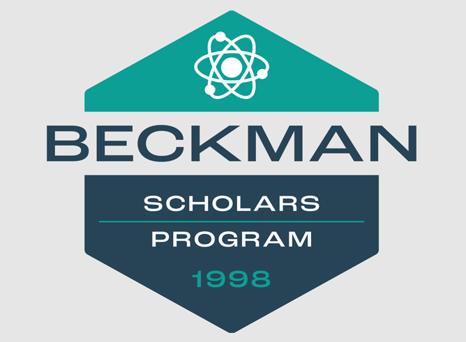 Logo of the Beckman Scholars Program with a hexagonal design featuring an atomic symbol, established in 1998.