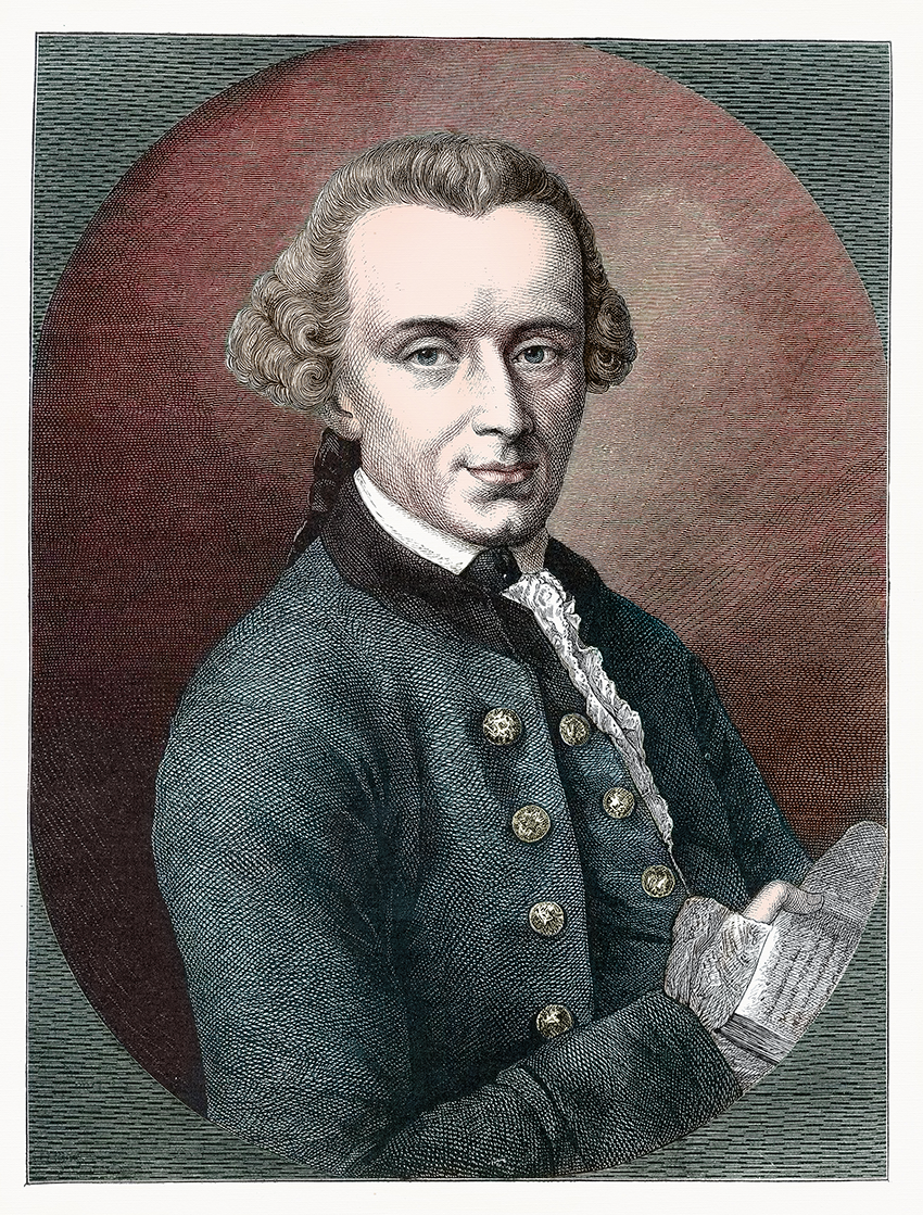 Portrait of Immanuel Kant, depicted in a formal 18th-century attire holding a document.