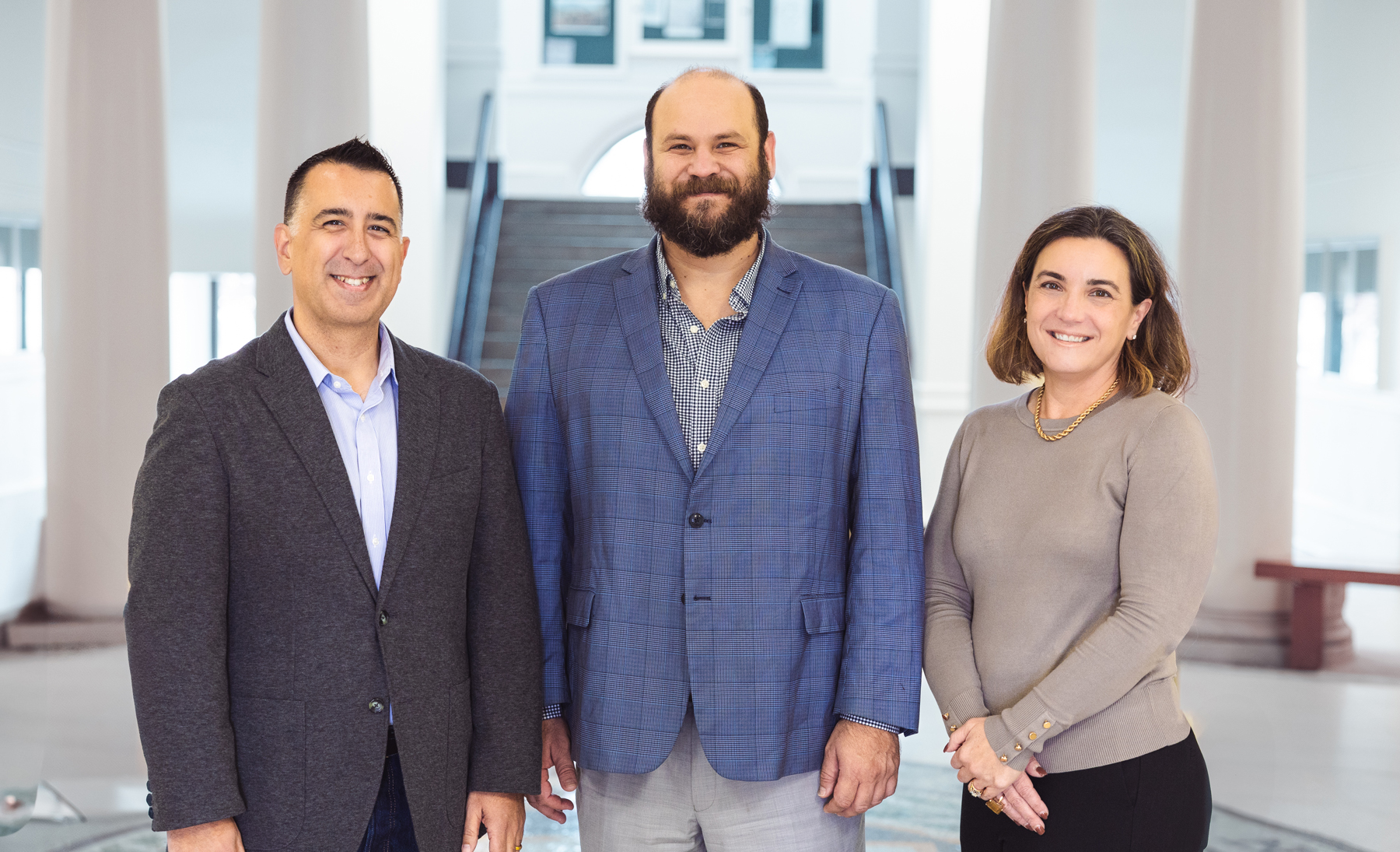 From left, Dr. Darrel Wanzer-Serrano, associate professor in the Department of Communication &amp; Journalism and director of the Race and Ethnic Studies Institute; Dr. Omar Rivera, associate professor in the Department of Philosophy, associate dean for Faculty Initiatives, and director of Hispanic-Serving Institution Initiatives; and Dr. Wendy Jepson, a Chancellor’s EDGES Fellow and University Professor in the Department of Geography and director of Environmental Programs and Environment and Sustainability Initiatives.