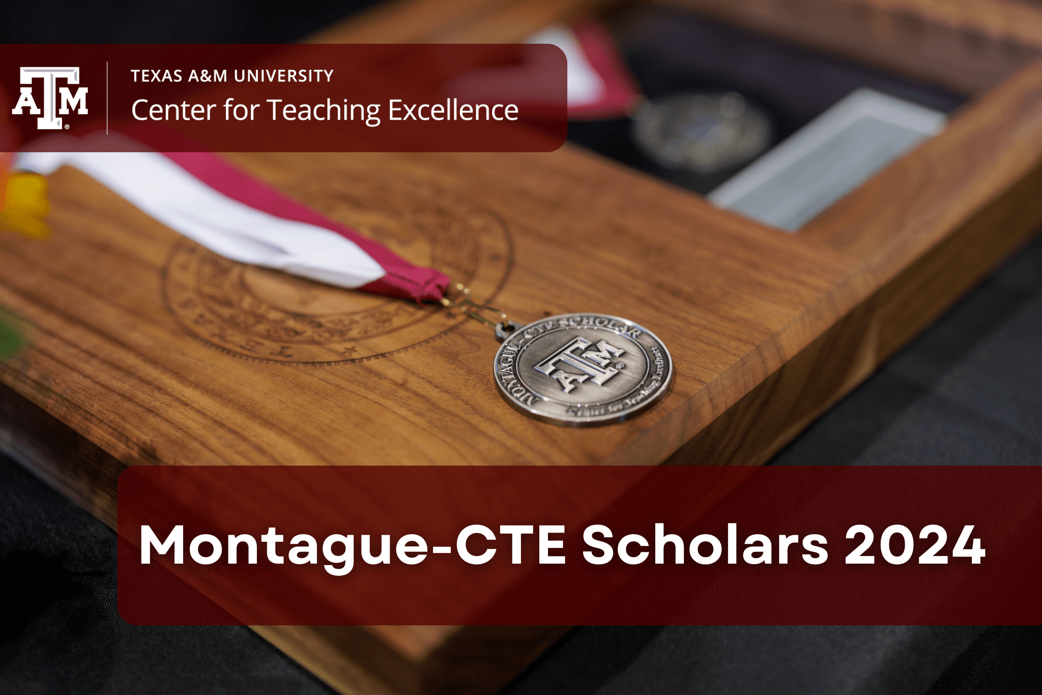 Texas A&M University award featuring a wooden box with a Montague-CTE Scholars 2024 medal laying atop.