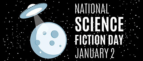 Spaceship with the moon vector. Ufo in space vector. Science Fiction Day Poster, January 2. 