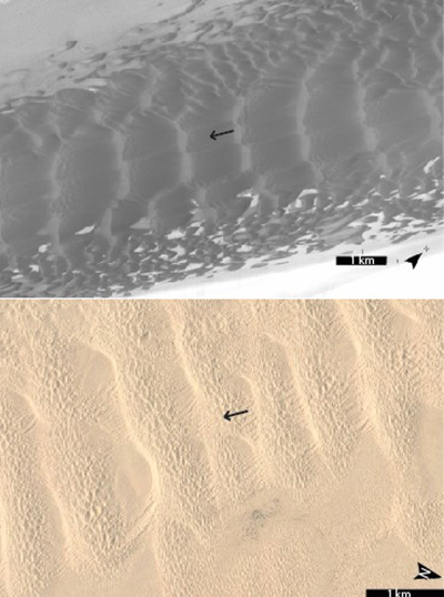 Top image shows a high-resolution black and white aerial view of sand dunes with a scale marker. Bottom image displays a similar scene in color, detailing textures and patterns of the dunes more clearly. Both images include an arrow pointing to a specific feature of interest.