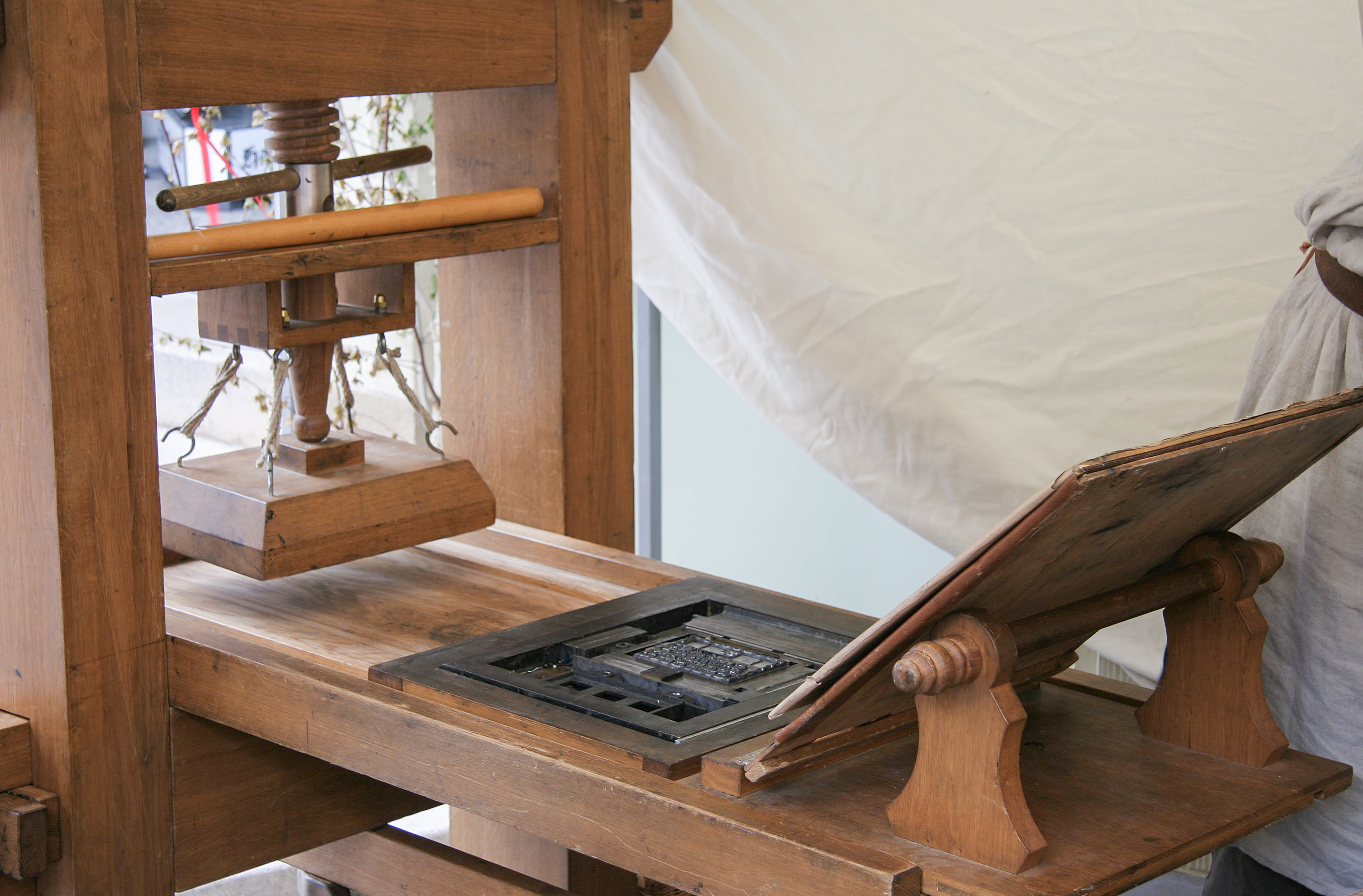 An old medieval wooden Gutenberg printing press.