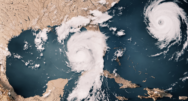 3D Render of a Topographic Map of the Gulf of Mexico with the clouds from August 29, 2023. Category 4 Hurricane Idalia approaching Florida. At the same time Category 4 Hurricane Franklin moving towards northeast over the Atlantic Ocean. 