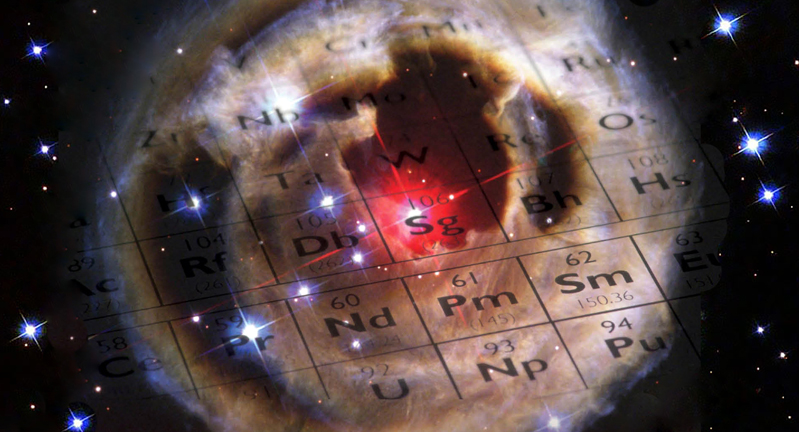 Composite image featuring a section of the periodic table centered within an overlay of a Hubble Space Telescope image of an expanding halo of light and interstellar dust surrounding a red supergiant star in the constellation Monoceros in the Milky Way galaxy.