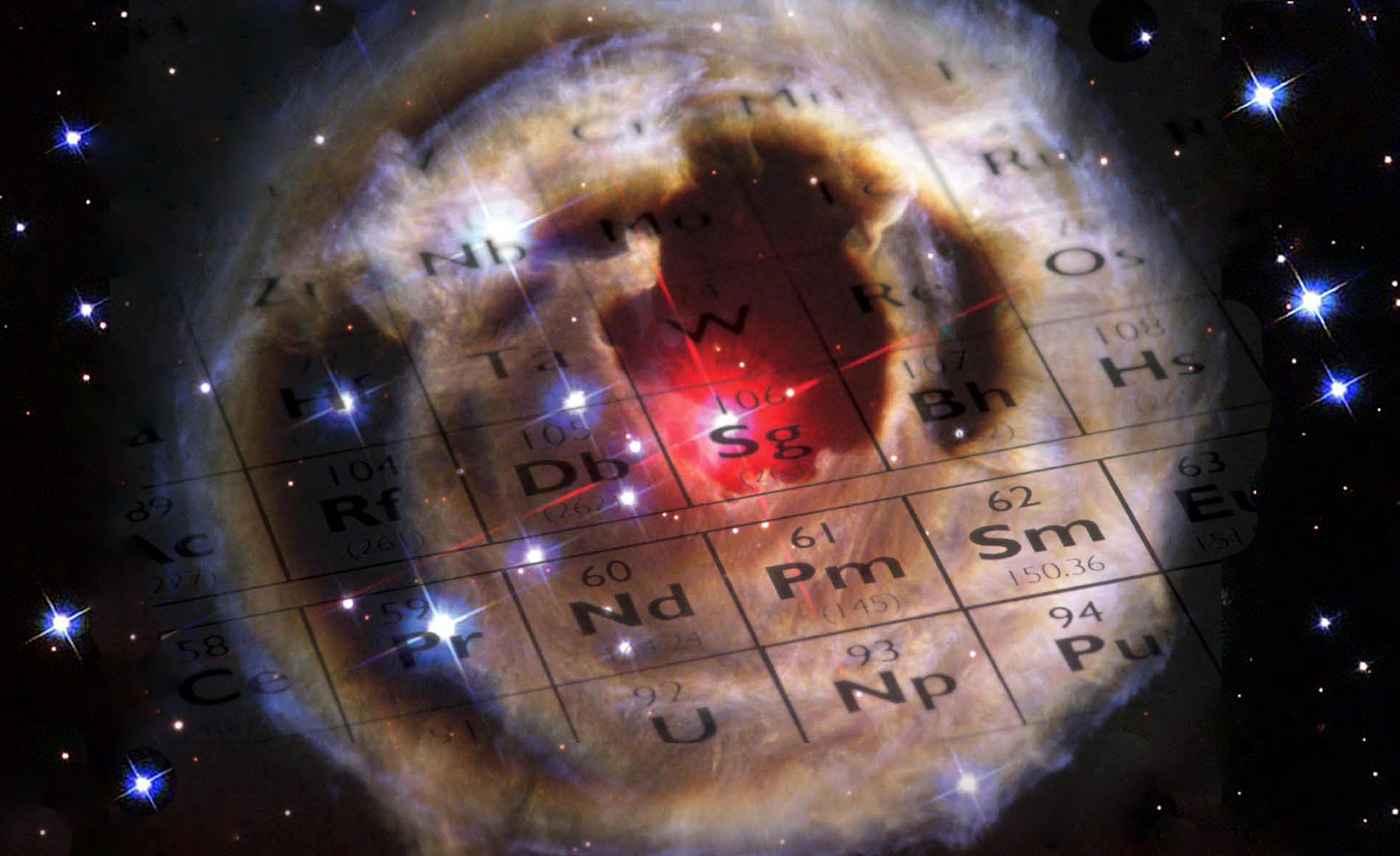Composite image featuring a section of the periodic table centered within an overlay of a Hubble Space Telescope image of an expanding halo of light and interstellar dust surrounding a red supergiant star in the constellation Monoceros in the Milky Way galaxy.