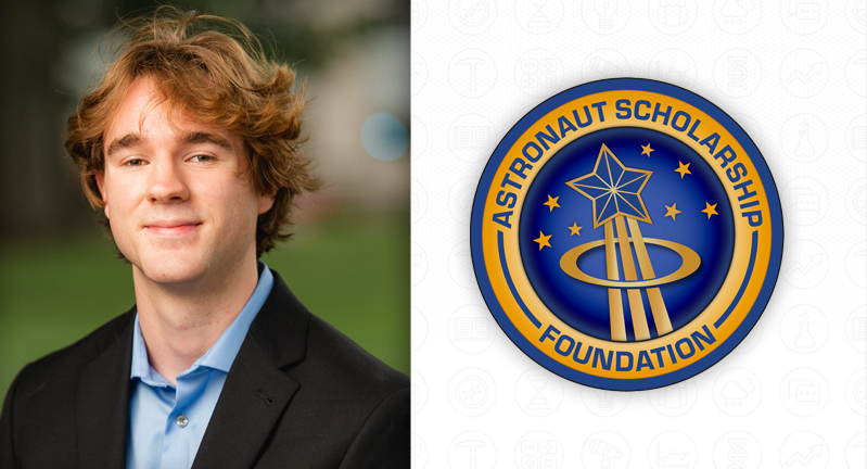 Portrait of a person with shoulder-length curly hair, smiling, wearing a dark blazer, next to the logo of the Astronaut Scholarship Foundation featuring a star and orbital rings.
